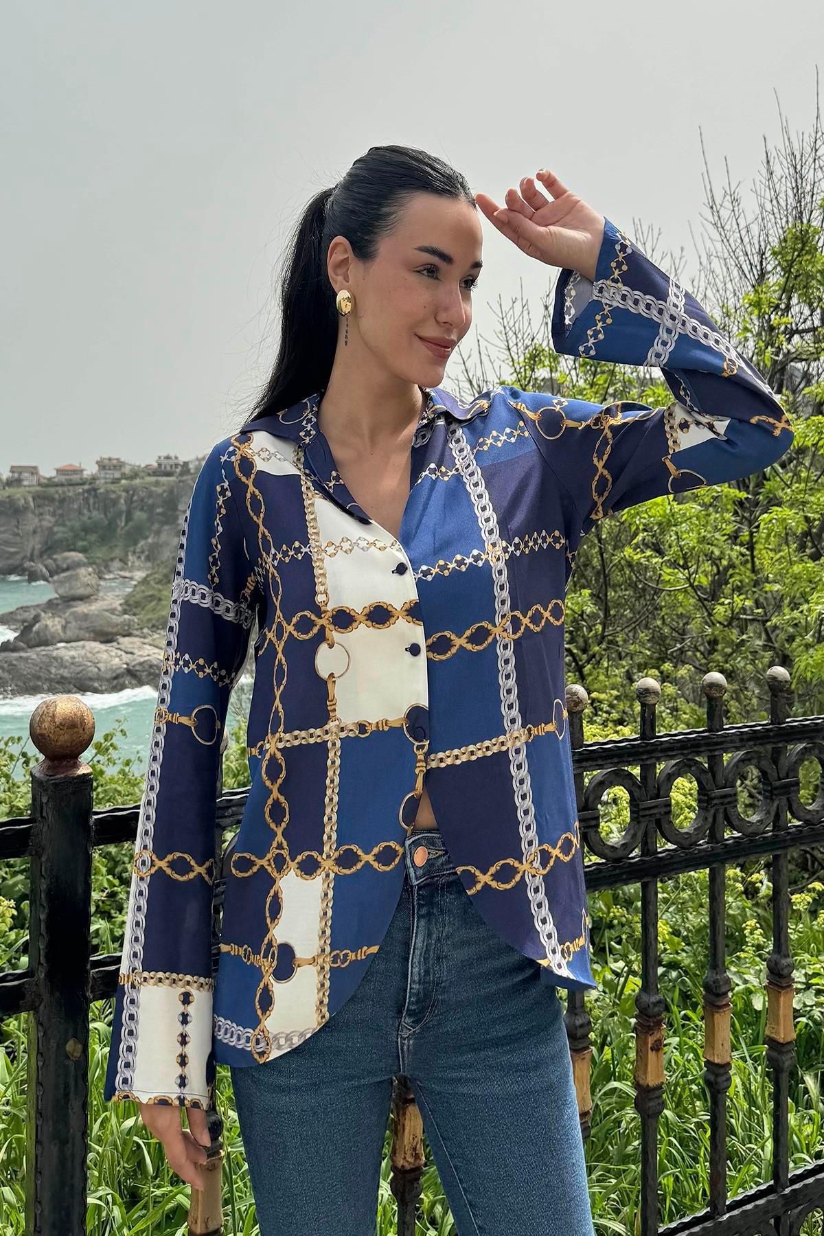 For You Woman Gömlek For You Woman Zincir  Desenli  Saks Gömlek