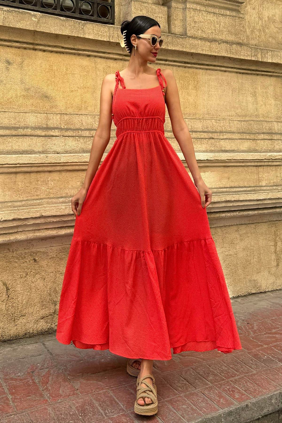 Now Moda Askılı Gipeli Gofre Uzun Turuncu Elbise Now Moda Askılı Gipeli Gofre Uzun Turuncu Elbise