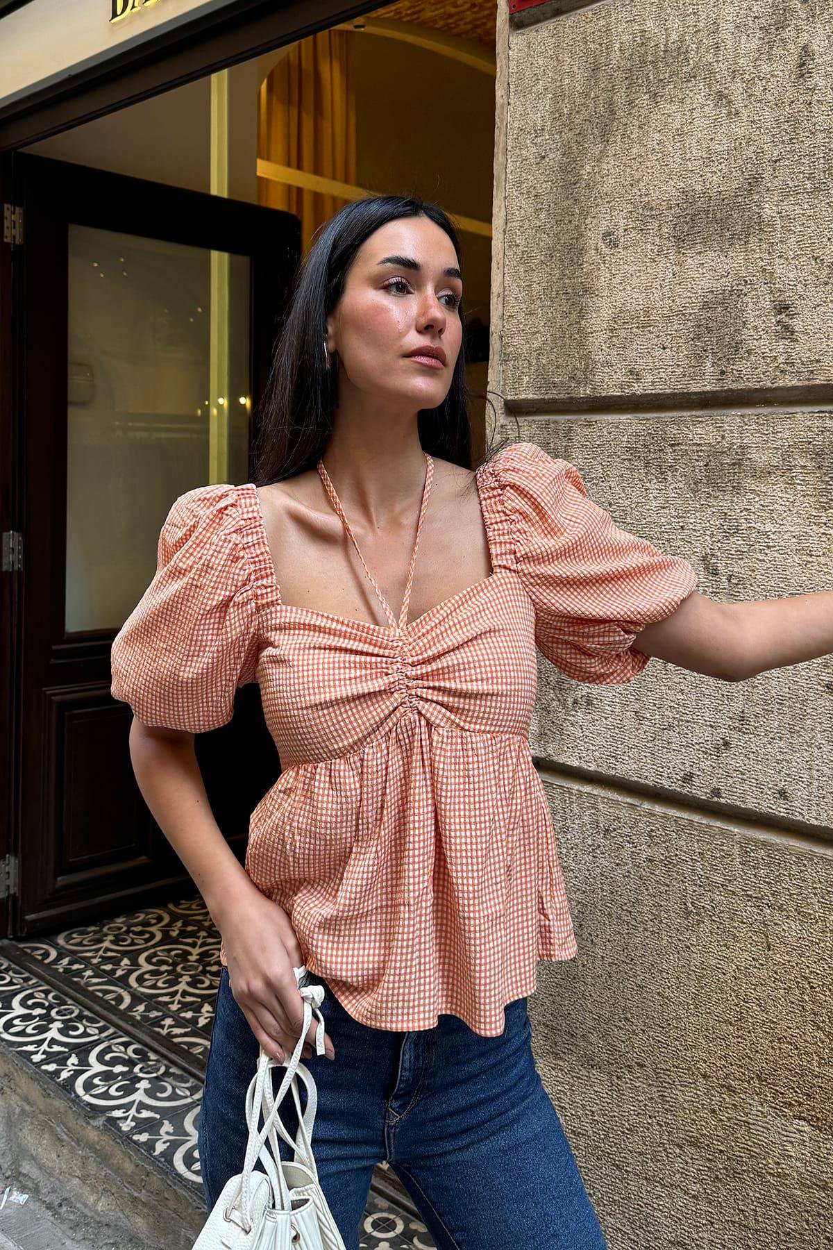 Now Moda Doğal Viskon Boyun Baglamalı Turuncu Bluz Now Moda Doğal Viskon Boyun Baglamalı Turuncu Bluz