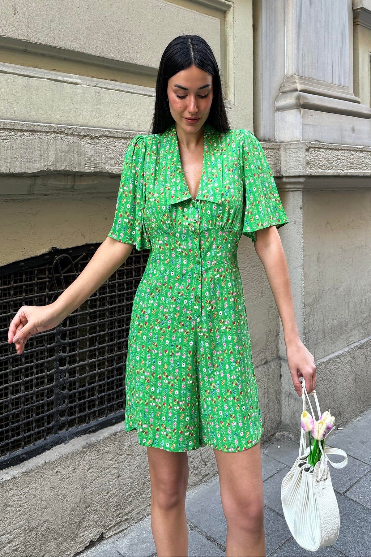 Now Moda Doğal Viskon Desenli Yeşil Tulum Now Moda Doğal Viskon Desenli Yeşil Tulum