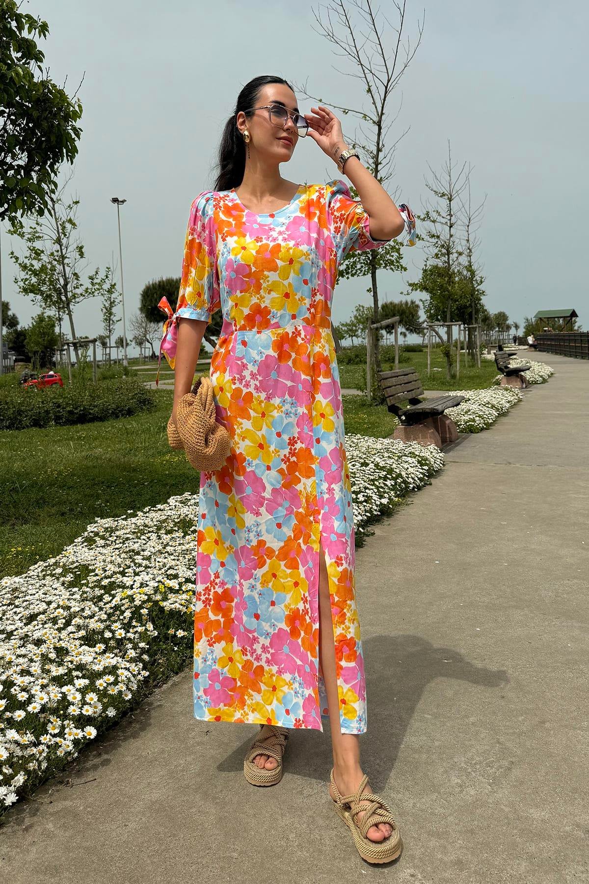 Now Moda Doğal Viskon Desenli Yırtmaçlı Uzun Turuncu Elbise Now Moda Doğal Viskon Desenli Yırtmaçlı Uzun Turuncu Elbise