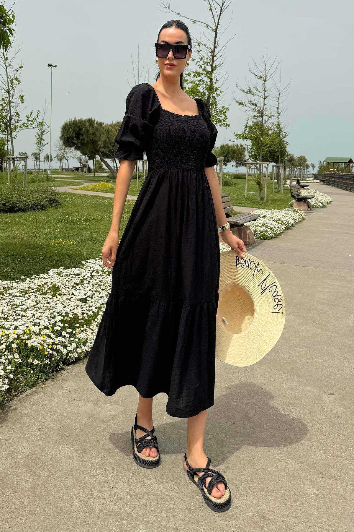 Now Moda Omuz Lastikli Gipeli Siyah Elbise Now Moda Omuz Lastikli Gipeli Siyah Elbise