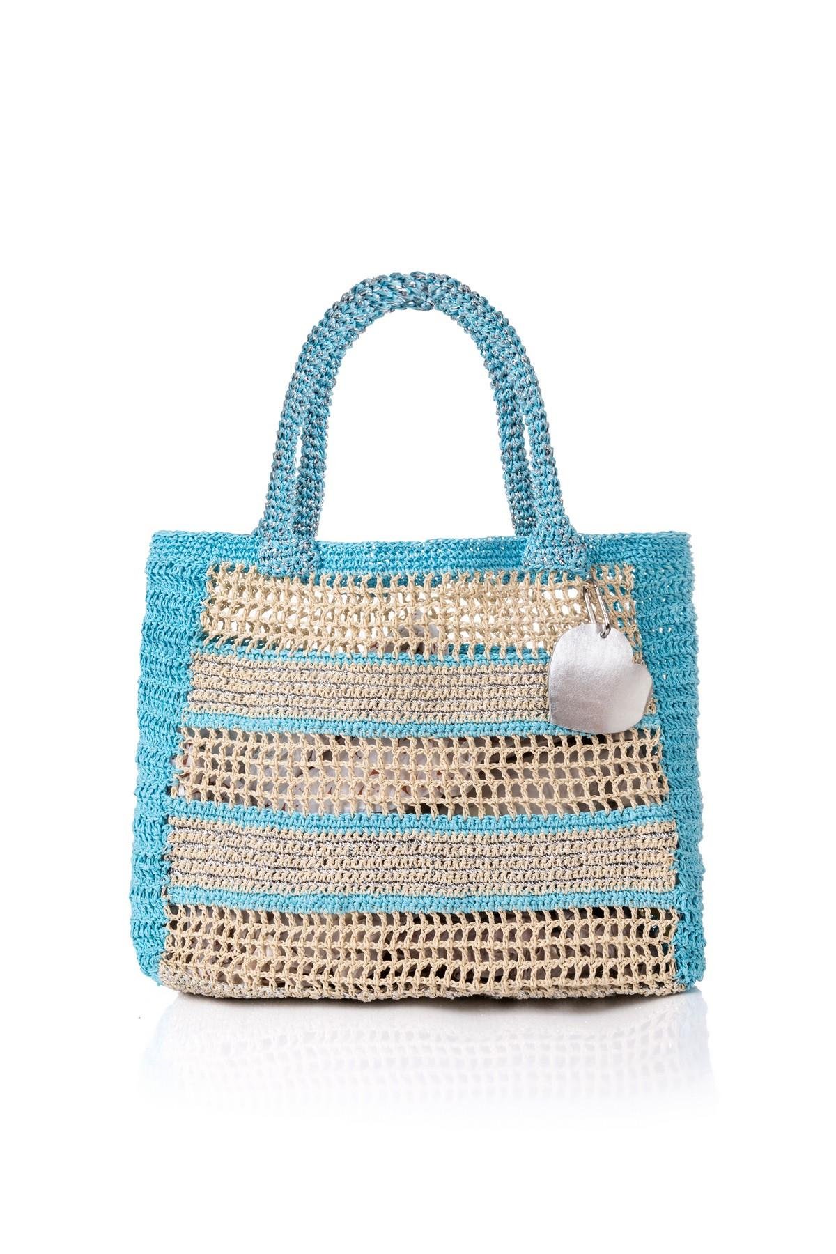 Corinne Design Hasır Örgü Plaj Çantası, Bej / Turkuaz