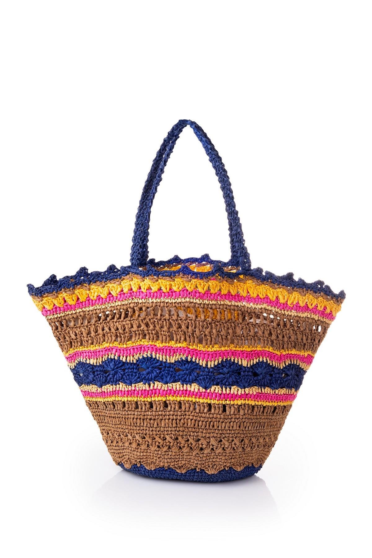 Corinne Design Hasır Örgü Yelpaze Plaj Çantası, Lacivert / Pembe / Kahve