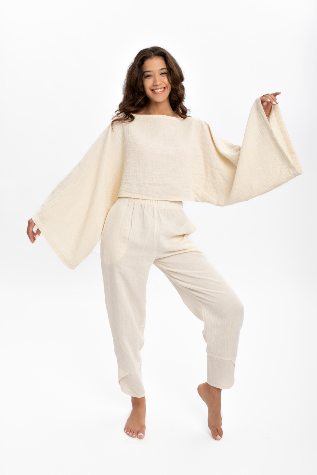 Husufi Bürümcüklü Naturel Crop Bluz