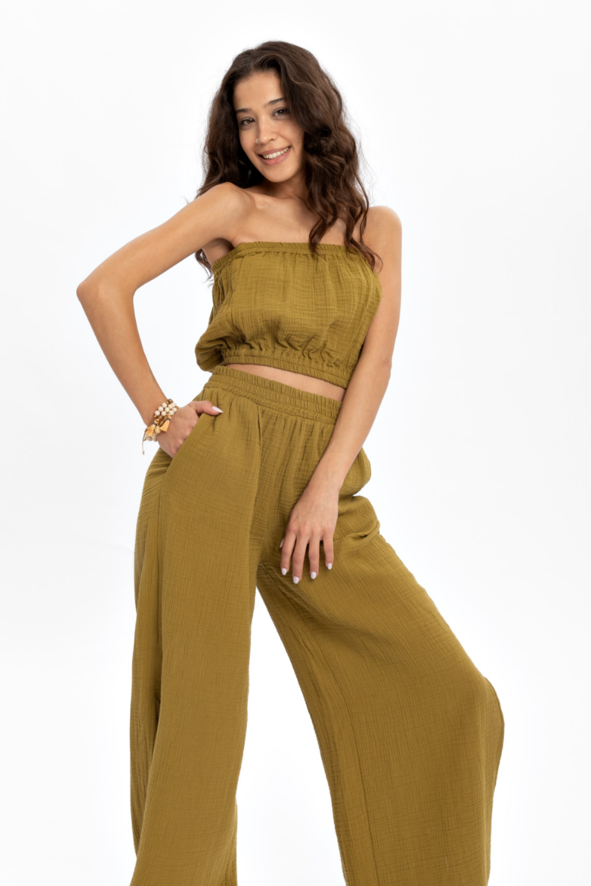 Husufi Yeşil Bürümcüklü Crop Top HSFCRTP01_Oil Green