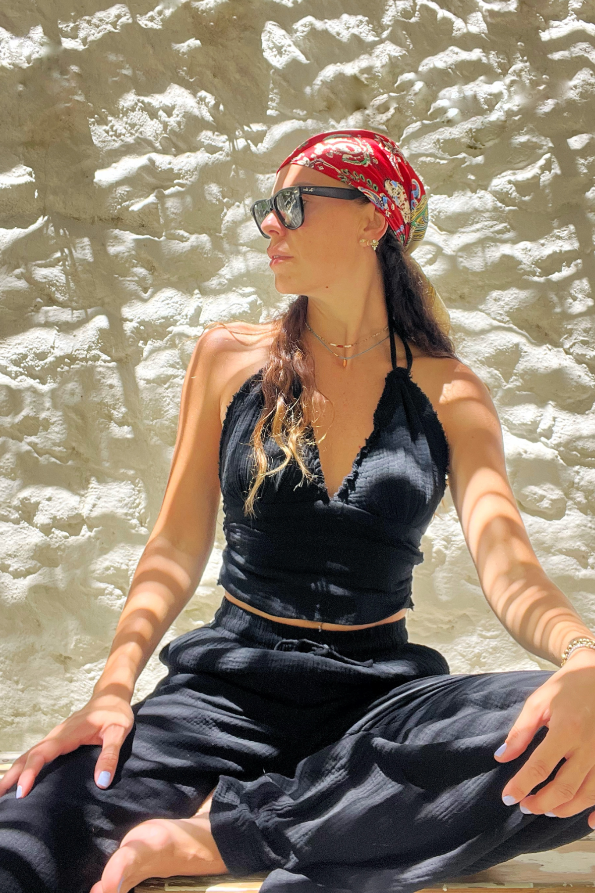 Müslin Kumaş Pantolon Crop Takım Siyah