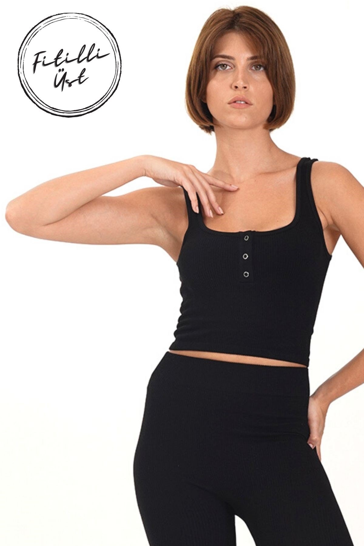 Önü Çıtçıtlı Fitilli Atlet Siyah