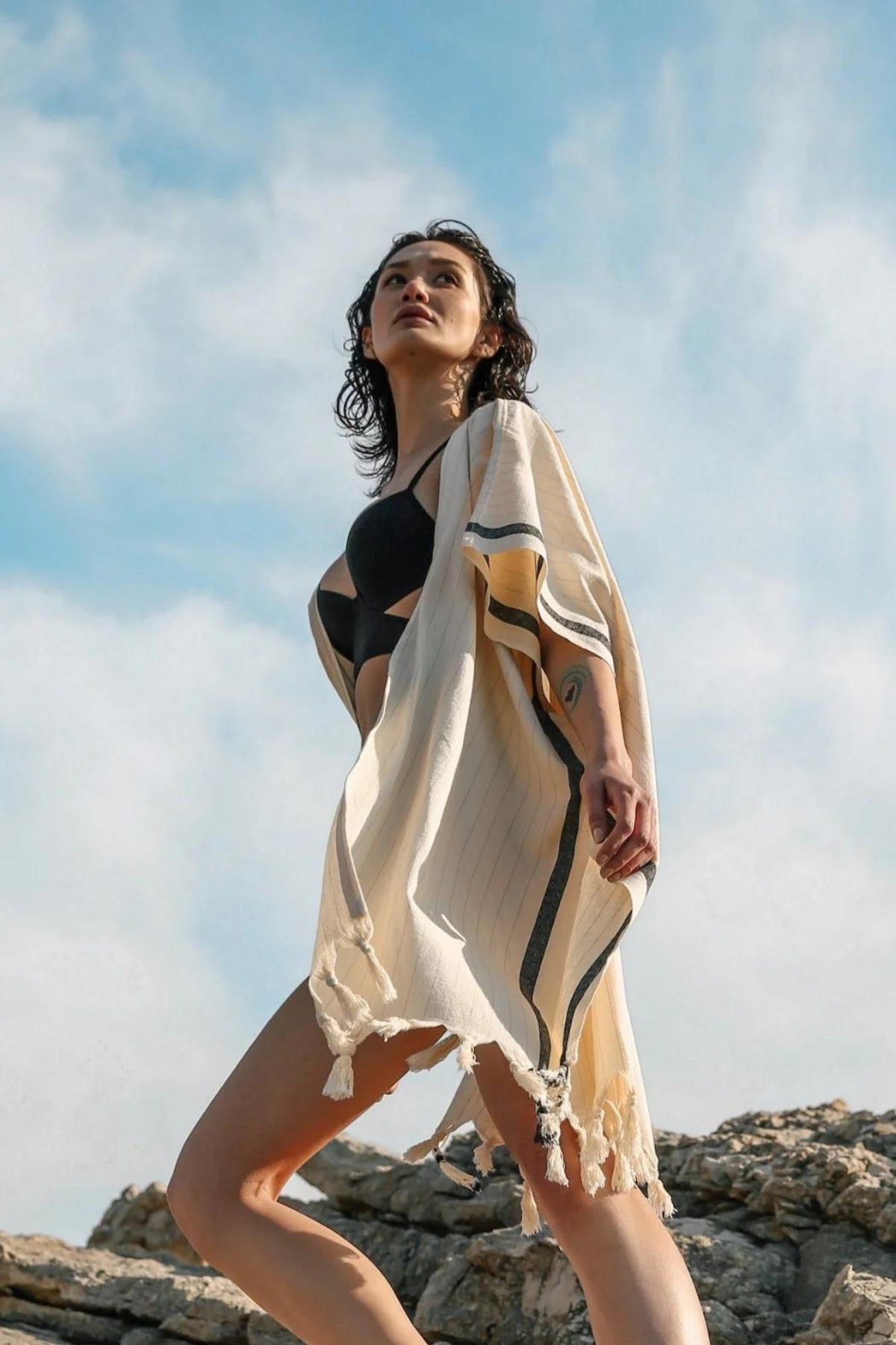 Primitive Bozburun Natural Çizgili Kısa Kimono