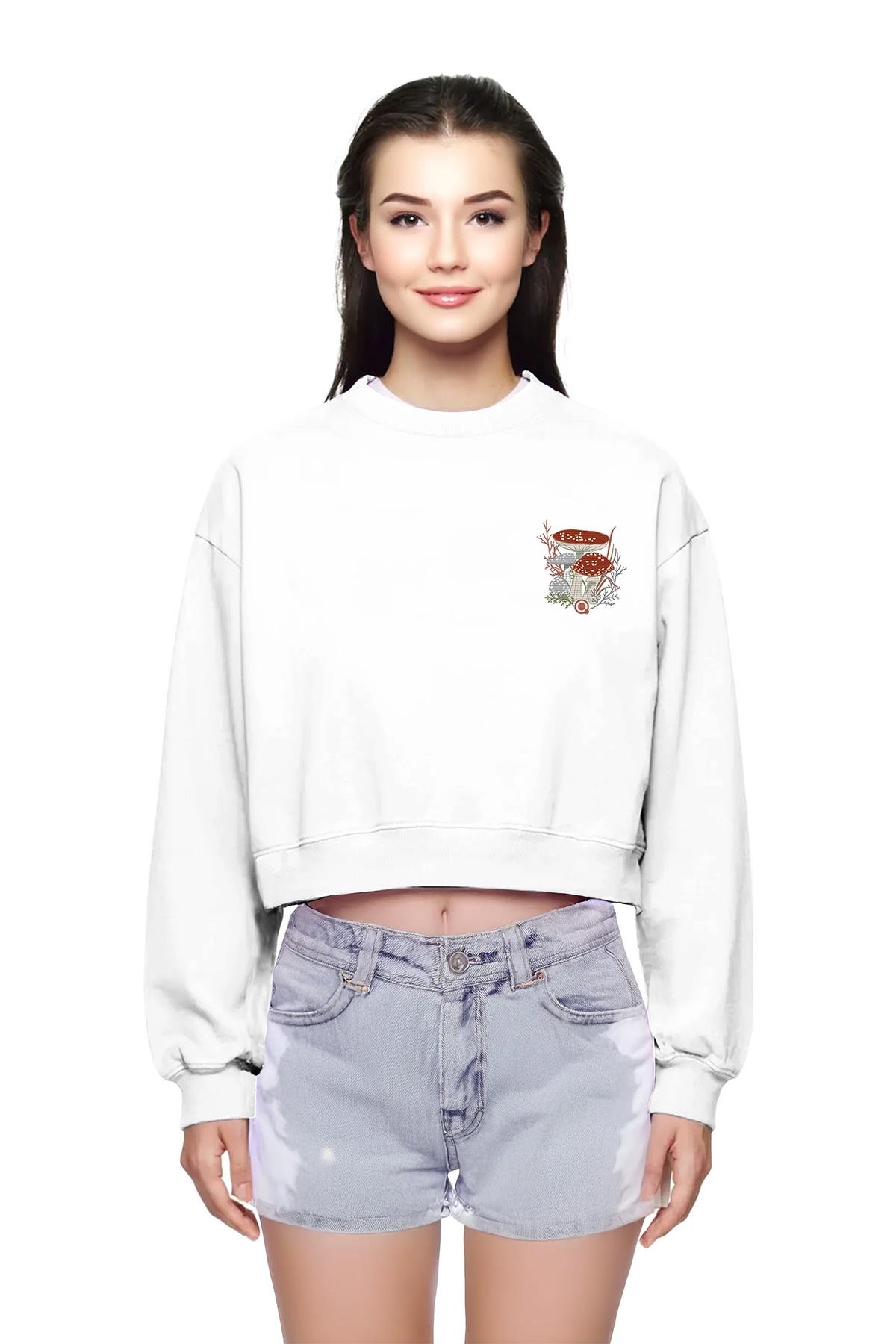 Uniqvibe Mantar Nakışlı Organik Pamuklu Crop Sweatshirt