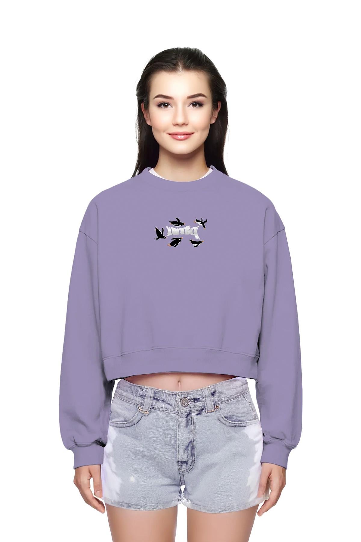 Uniqvibe Penguen Nakışlı Organik Pamuklu Crop Sweatshirt