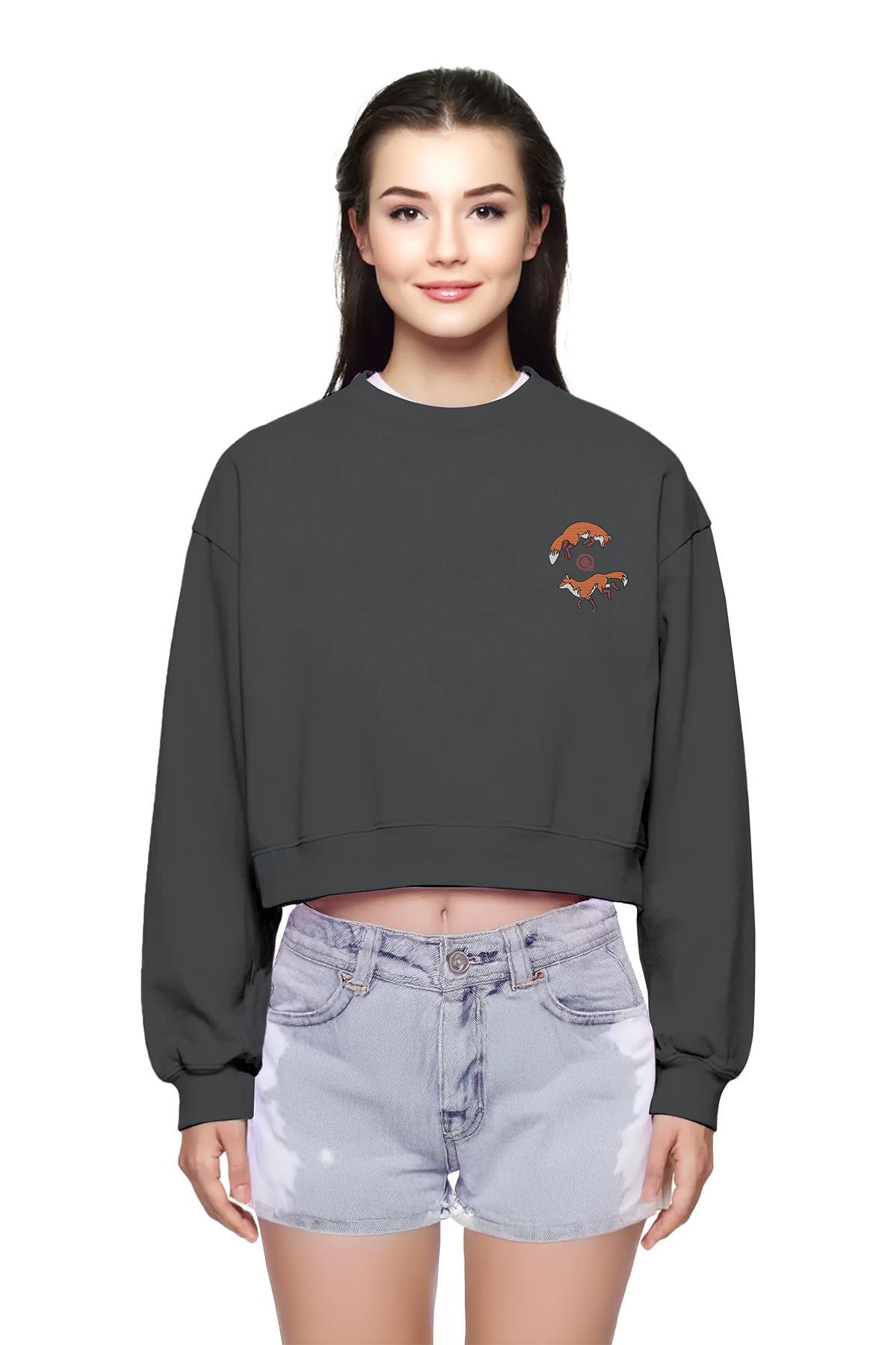 Uniqvibe Tilki Nakışlı Organik Pamuklu Crop Sweatshirt