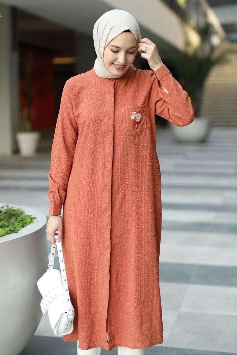 Afra 120 cm Nakışlı Uzun Tunik Kiremit