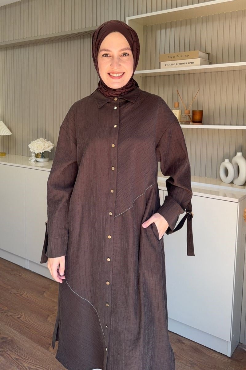 Armine Trend Asimetrik Çizgili Tunik Kahve