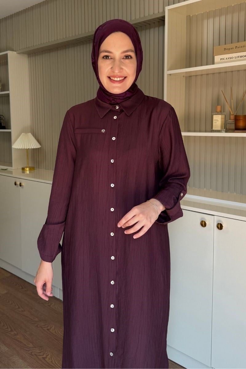 Armine Trend Boydan Düğmeli Cep Detaylı Uzun Tunik Mürdüm