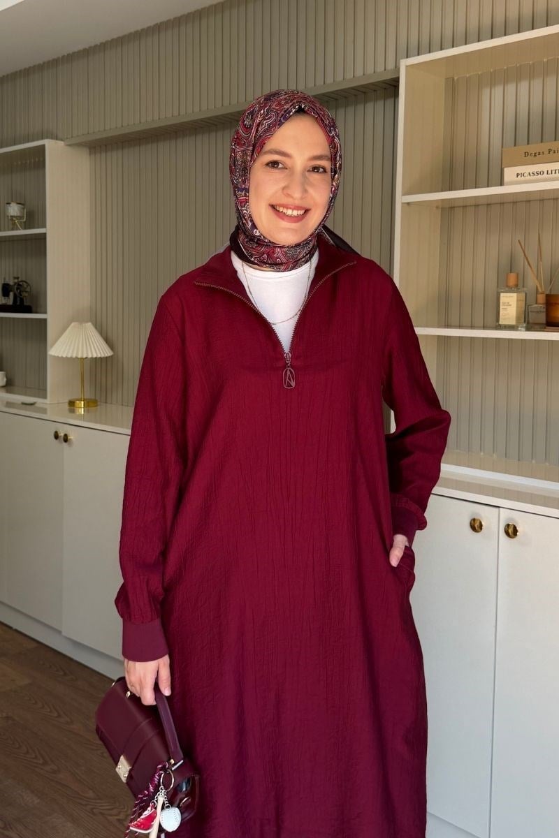 Armine Trend Yarım Fermuarlı Kolları Lastikli Tunik Bordo