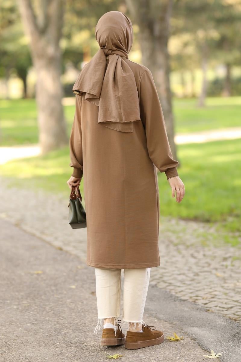 Basic Nakışlı Uzun Sweat Kahve