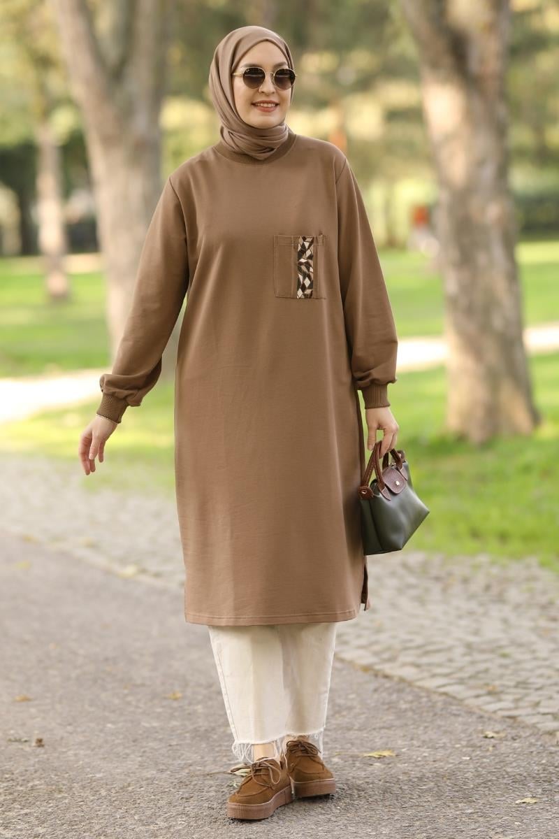 Basic Nakışlı Uzun Sweat Kahve