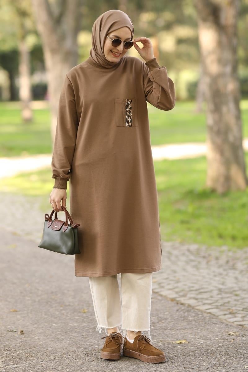 Basic Nakışlı Uzun Sweat Kahve