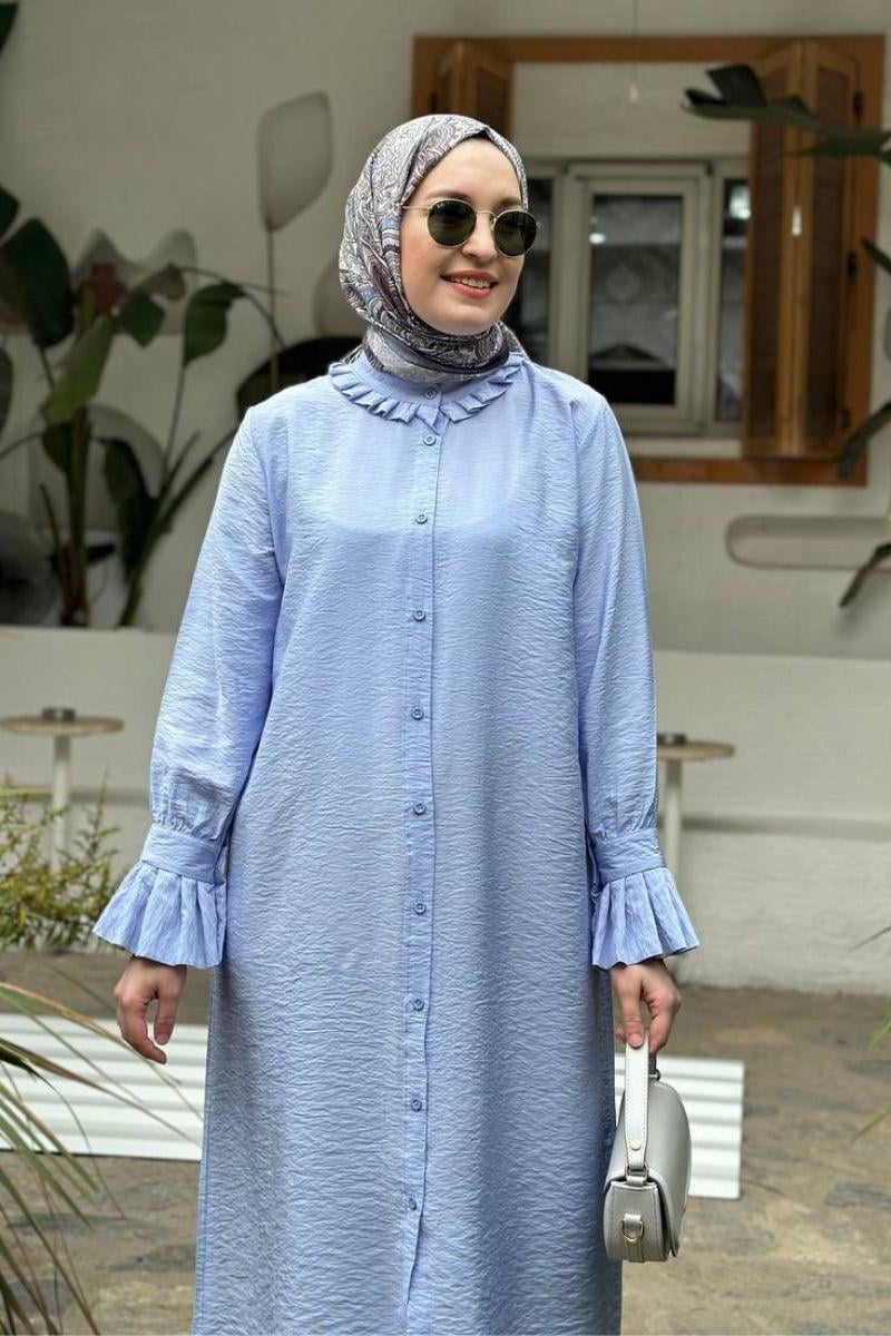 Bloom Pile Detaylı Uzun Tunik Bebe Mavisi
