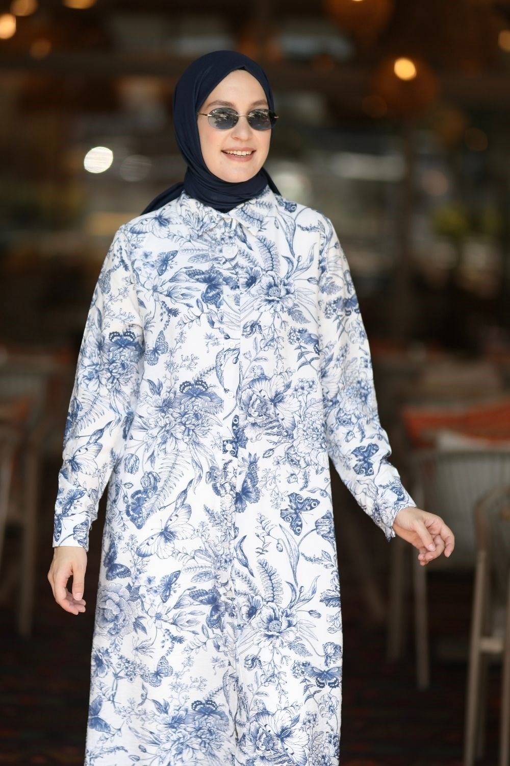 Botanik Desen 120 cm Uzun Tunik Mavi 