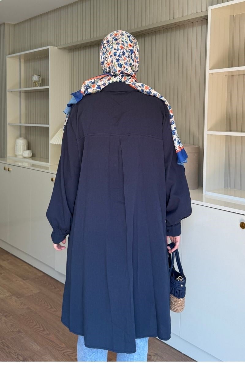 Cepli Pamuklu Basic Uzun Tunik Lacivert