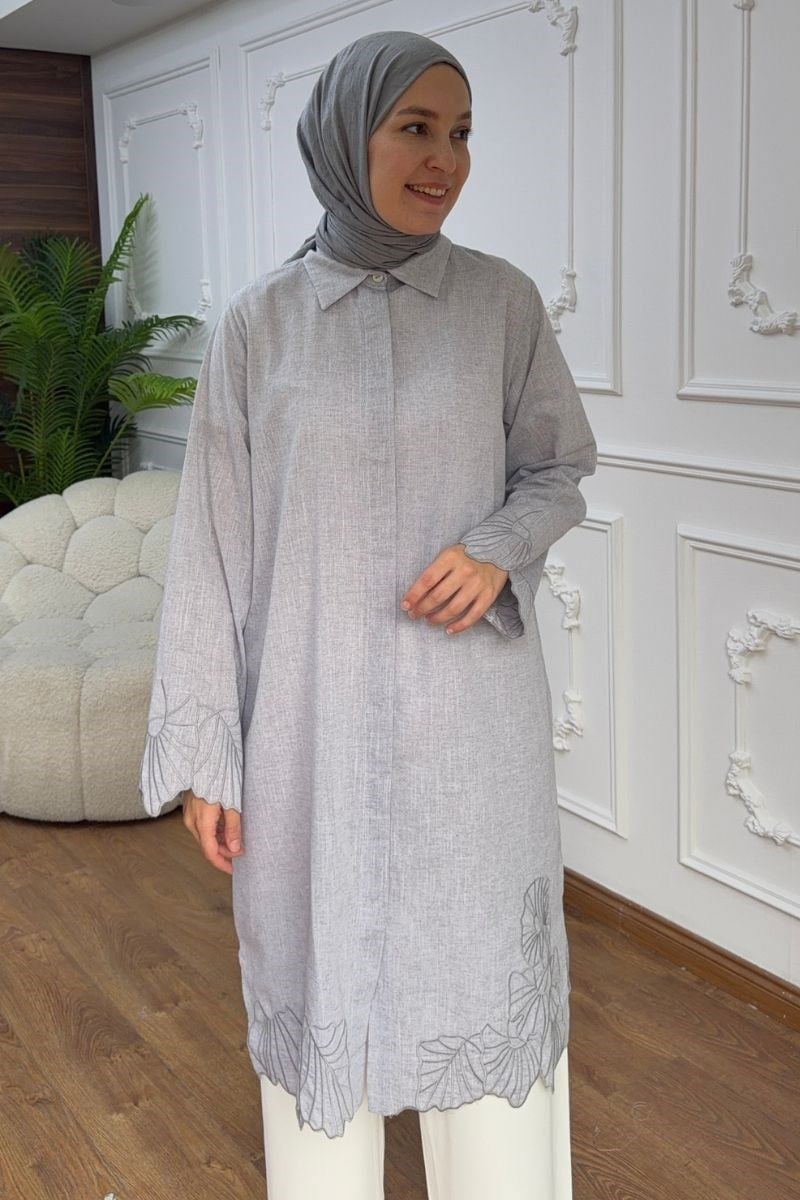 Etek Ucu Ve Kolları Nakışlı Tunik Gri