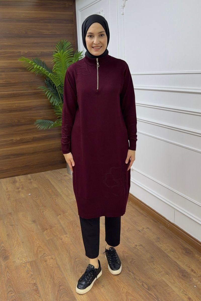 Fermuarlı Çiçek Detaylı Triko Bordo