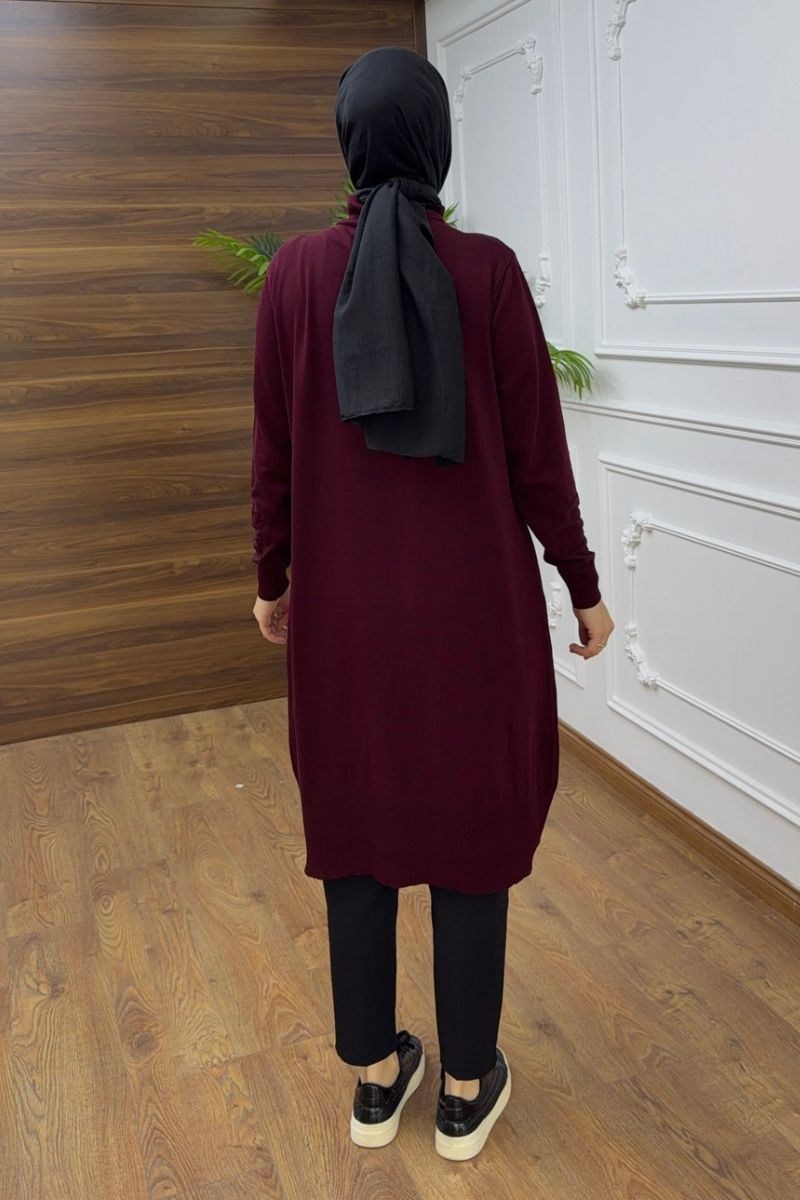 Fermuarlı Çiçek Detaylı Triko Bordo