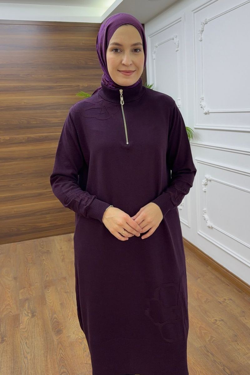 Fermuarlı Çiçek Detaylı Triko Mor
