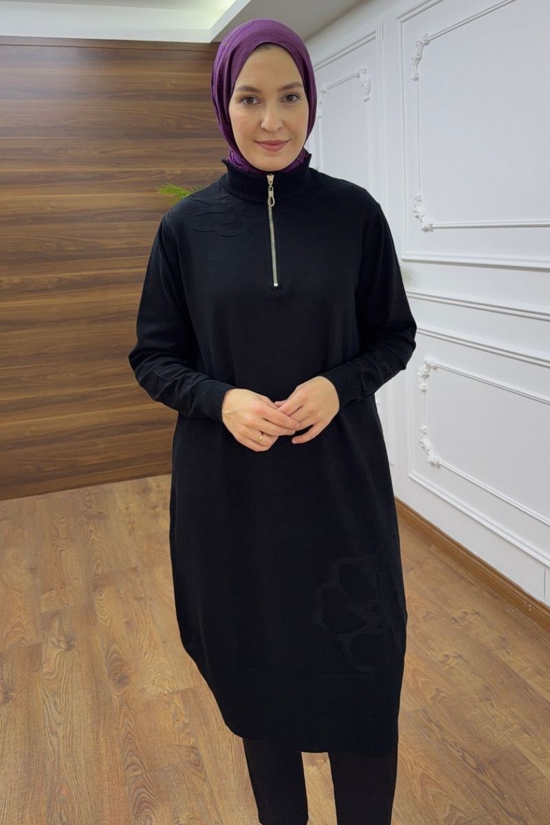 Fermuarlı Çiçek Detaylı Triko Siyah