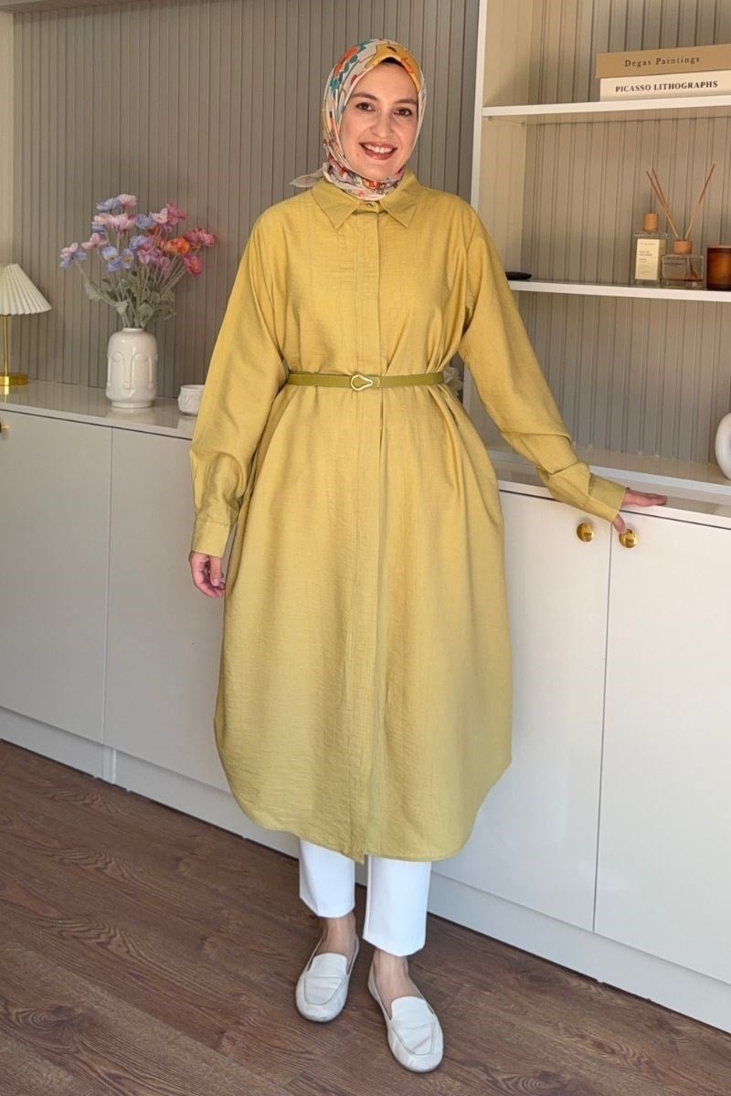 Gömlek Yakalı Hazır Kemerli Tunik Olive