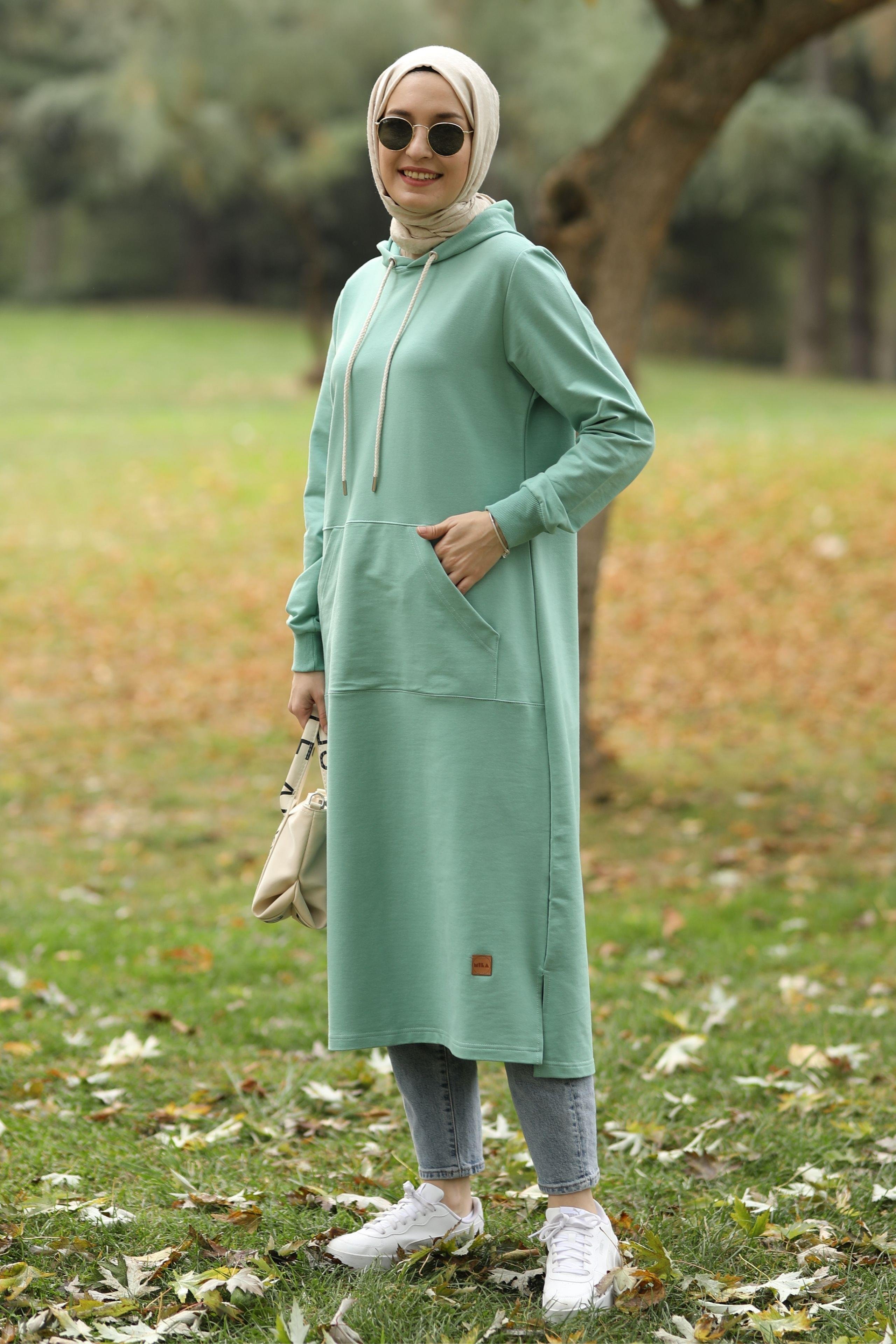 Kanguru Cepli Uzun Tunik Mint Yeşili