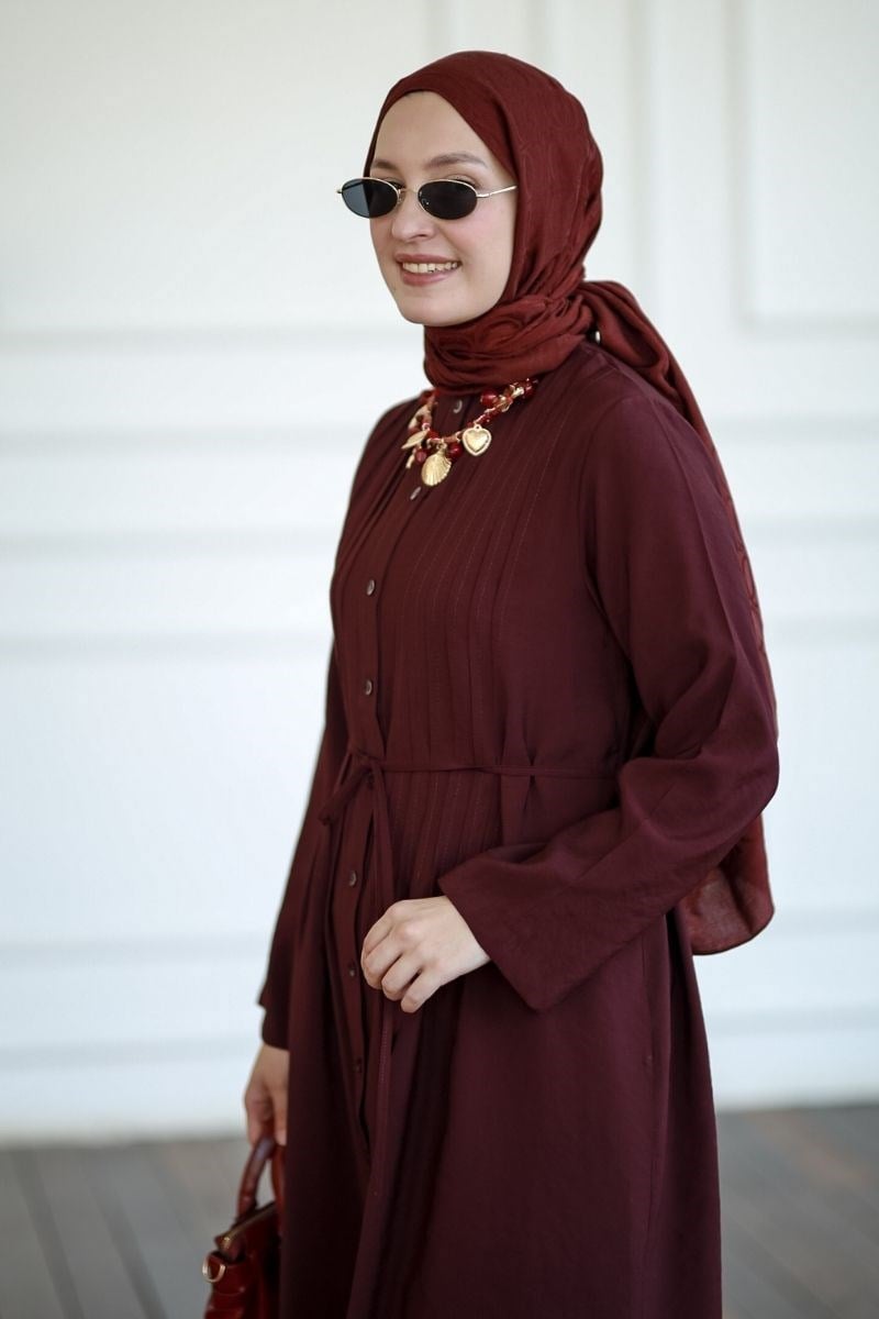 Kemerli Nervür Detaylı Uzun Tunik Mürdüm