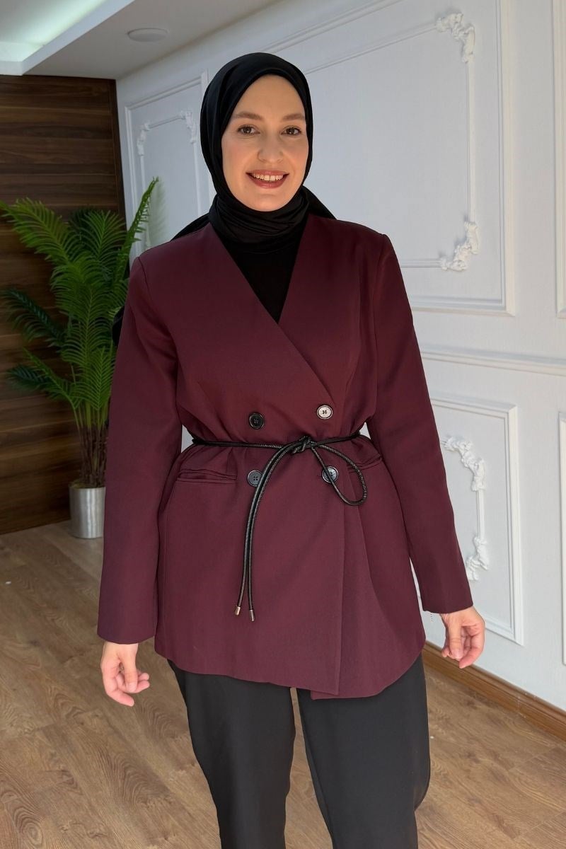 Kruvaze Yakalı Double Ceket Mürdüm