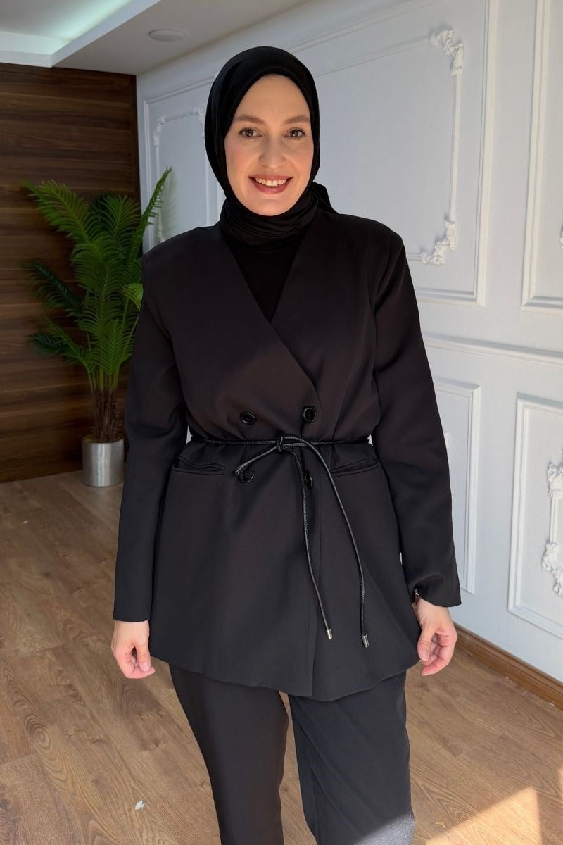 Kruvaze Yakalı Double Ceket Siyah