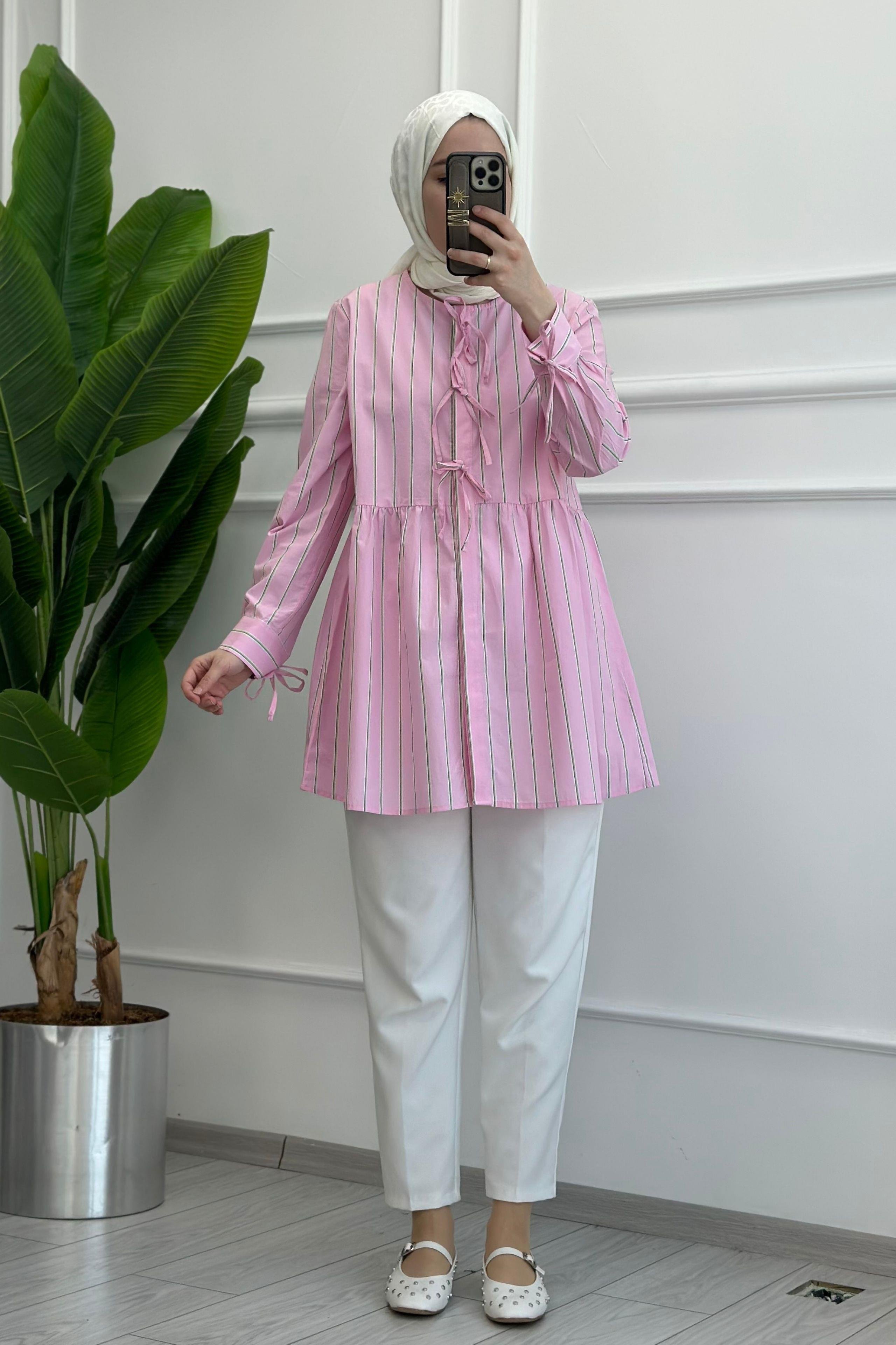 Kurdela Çizgili Pembe Tunik