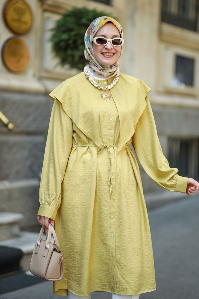 Linda Yakalı Çilek Uzun Tunik Olive