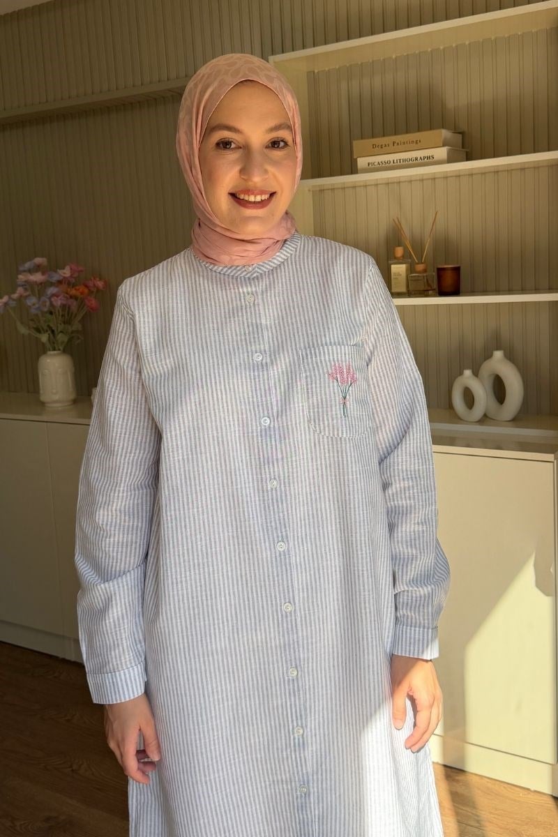 Mimoza Nakışlı Pamuklu Uzun Tunik Gri