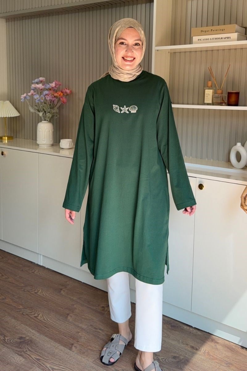 Nakışlı Basic Uzun Tunik Çam Yeşil