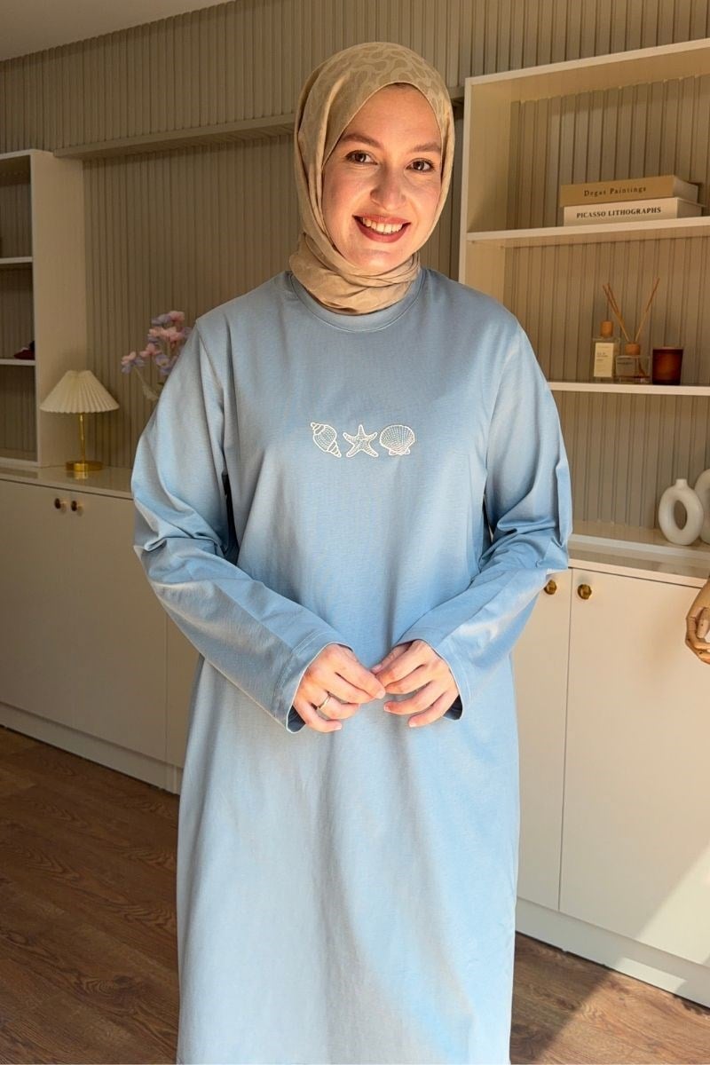 Nakışlı Basic Uzun Tunik Mavi