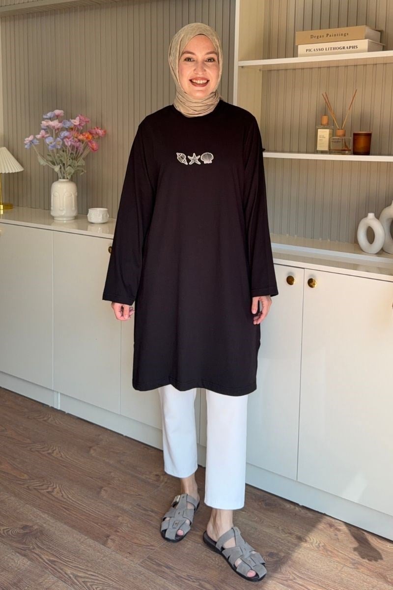 Nakışlı Basic Uzun Tunik Siyah