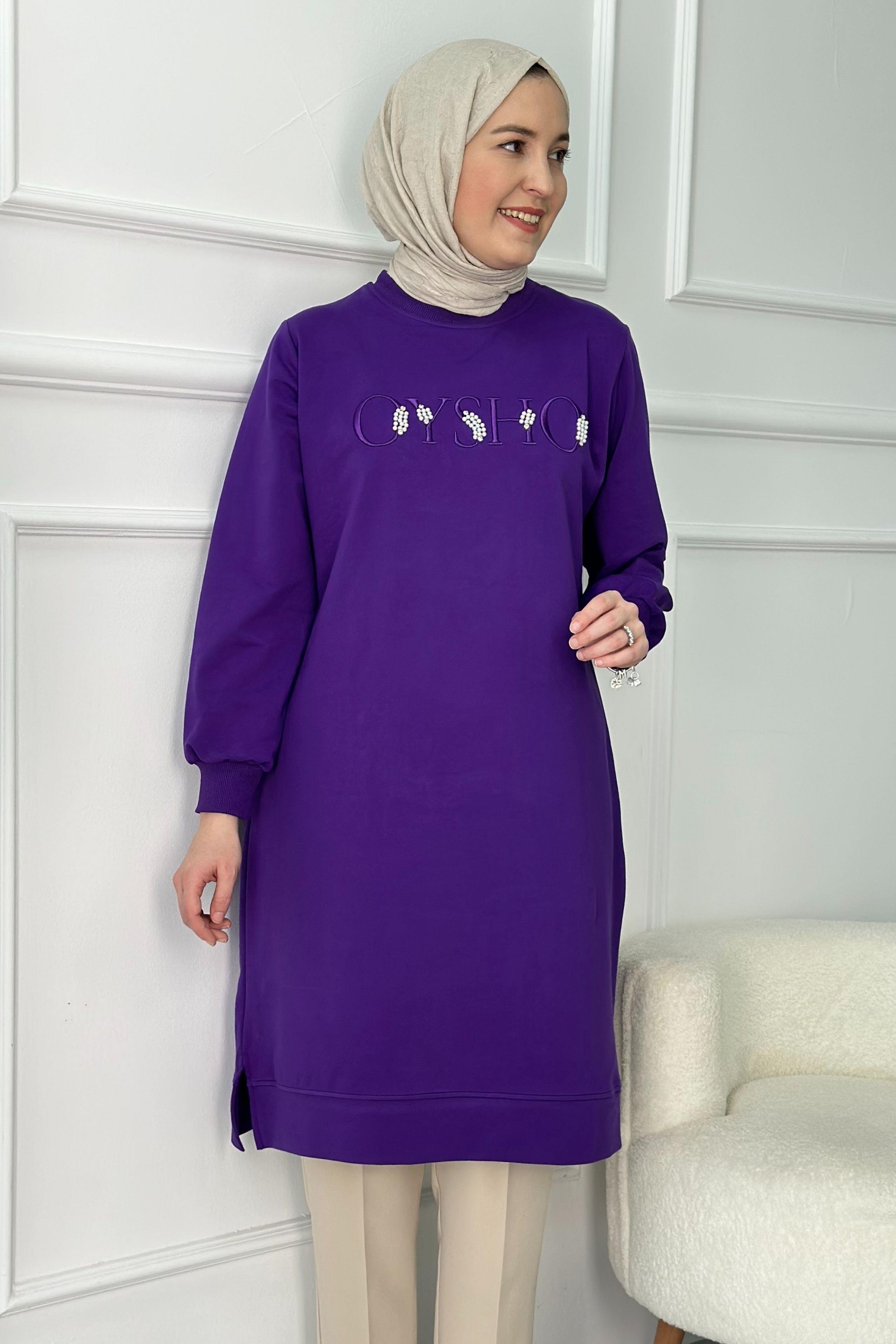 Nakışlı İncili Sweat Tunik Mor