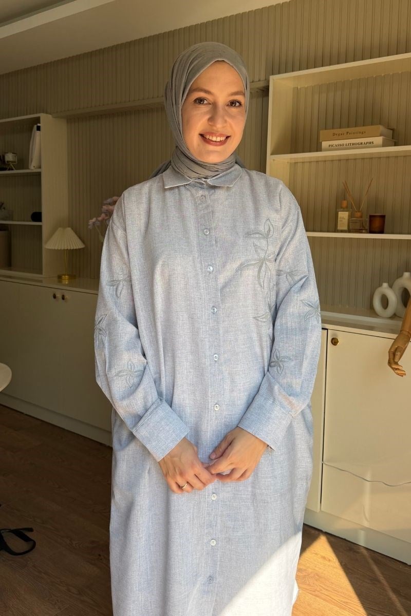 Önü Ve Kolları Nakışlı Keten Tunik Gri