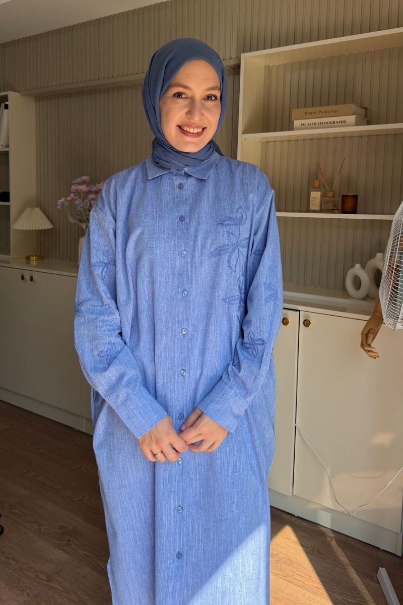 Önü Ve Kolları Nakışlı Keten Tunik İndigo