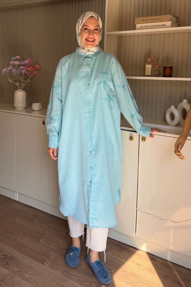 Önü Ve Kolları Nakışlı Keten Tunik Mint