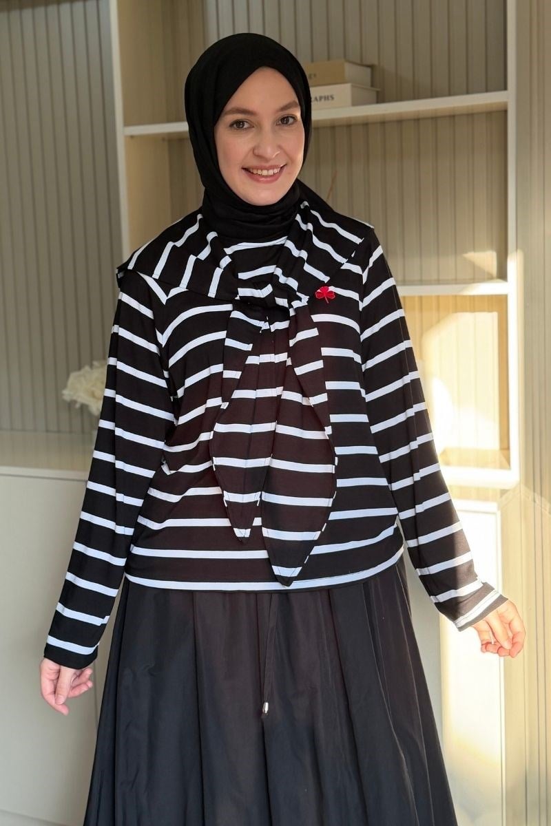 Şal Detaylı Nakışlı Çizgili Sweat Siyah