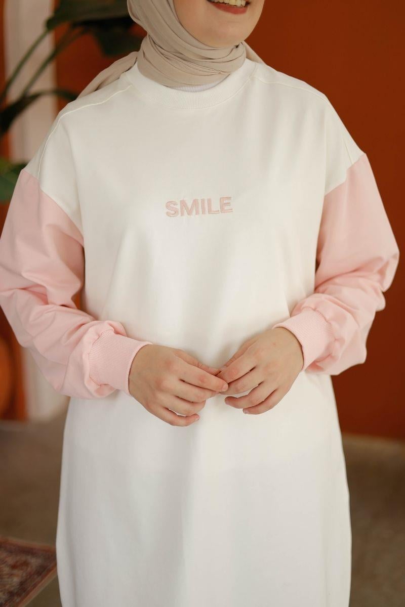 Smile Nakışlı Uzun Sweat Pudra