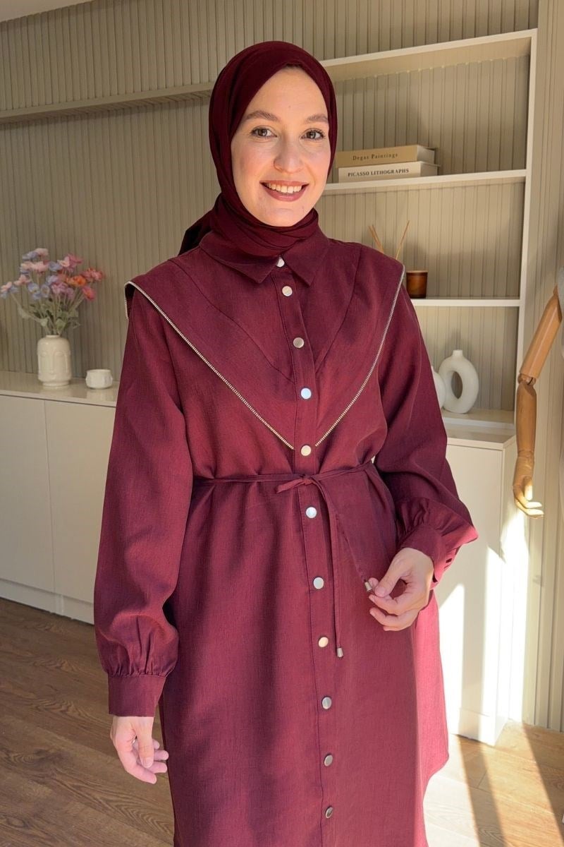 V Allerli Fermuarlı Twist Tunik Bordo