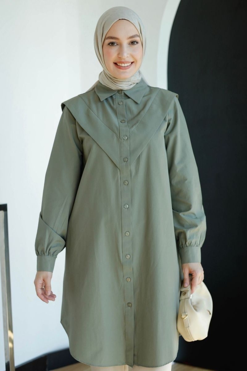 V Allerli Poplin Tunik Haki